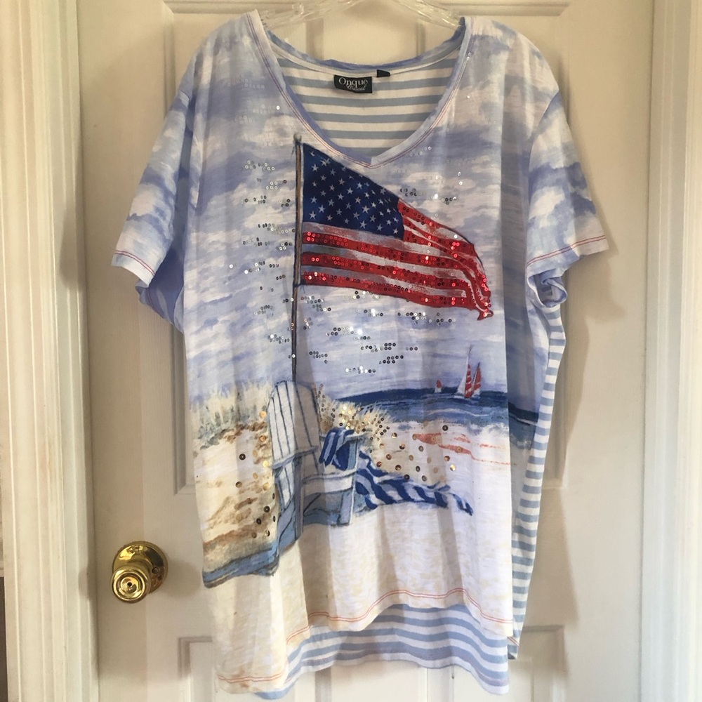 Onque Casuals Sequin Patriotic American Flag Plus Size Top TShirt 3X
